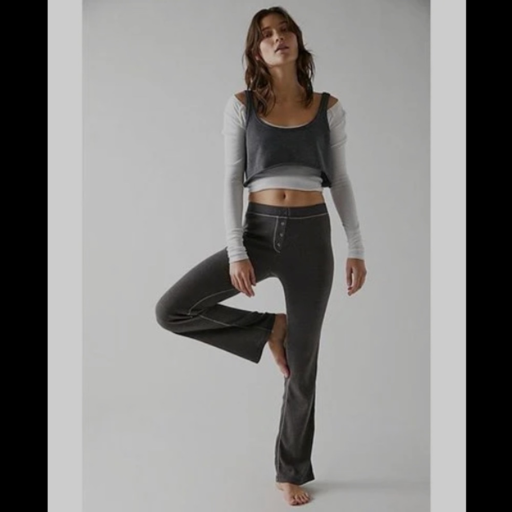 FP Intimatley Lounge Waffle Knit Thermal Flare Pant Brown Army Snap Medium Med M